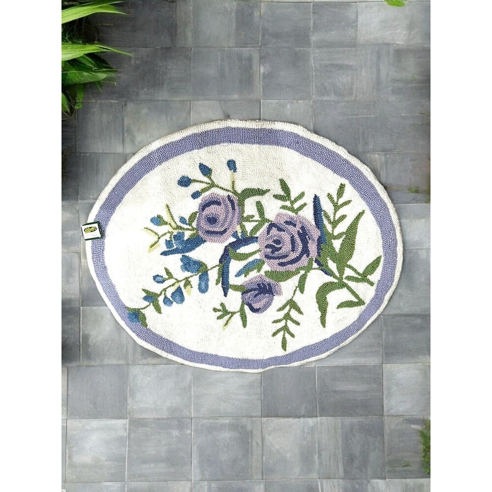 NWT Collections Etc Floral Roses Purple Blue Punch Hook Oval Throw Rug 28" x 24”
